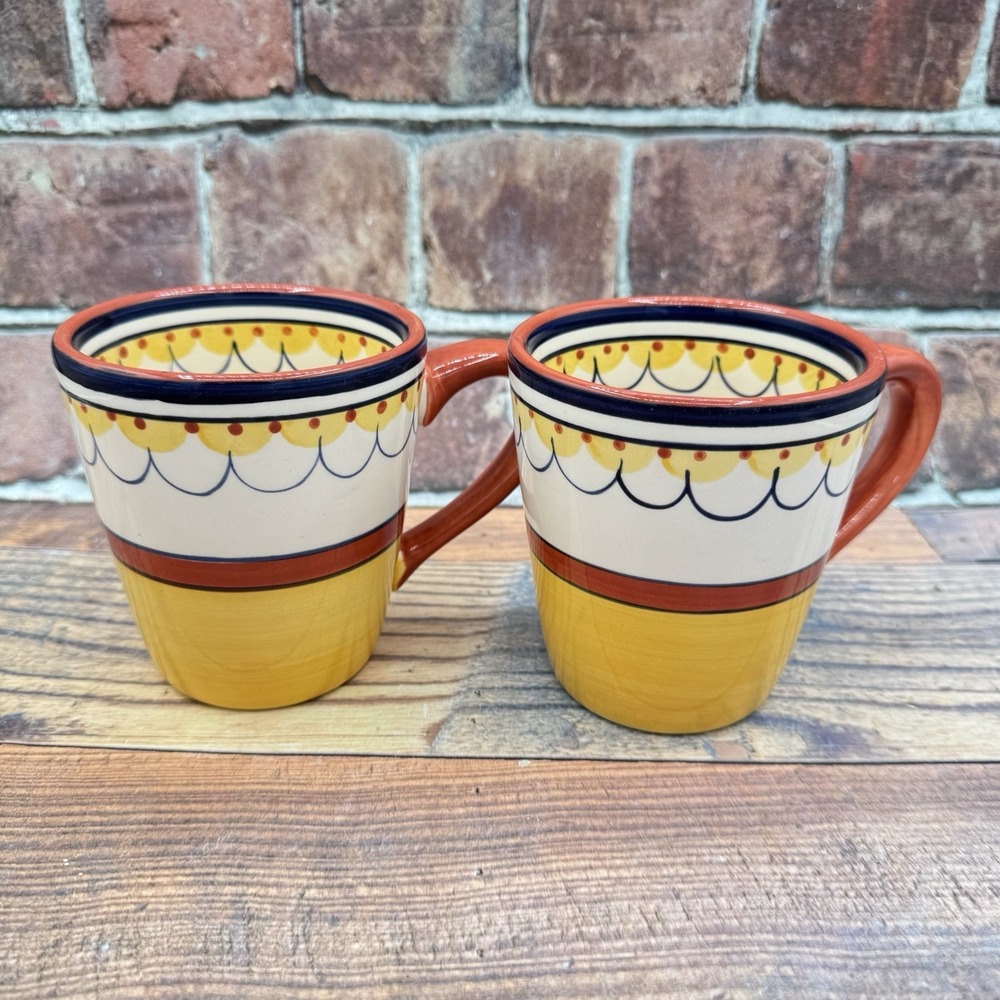 Pier 1 Del Sol 16 oz Coffee Tea Mugs Hand Painted Earthenware Retired Lot of 2